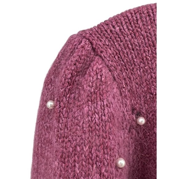 VINTAGE 80's LeRoy Knitwear Silk Angora Sweater Puff Shoulder sewed Pearl M Rose - Picture 2 of 7